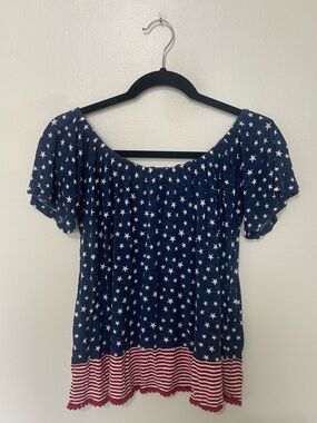CLOUD CHASER | Navy Star Print Short Sleeve Peasant Top, Size Medium